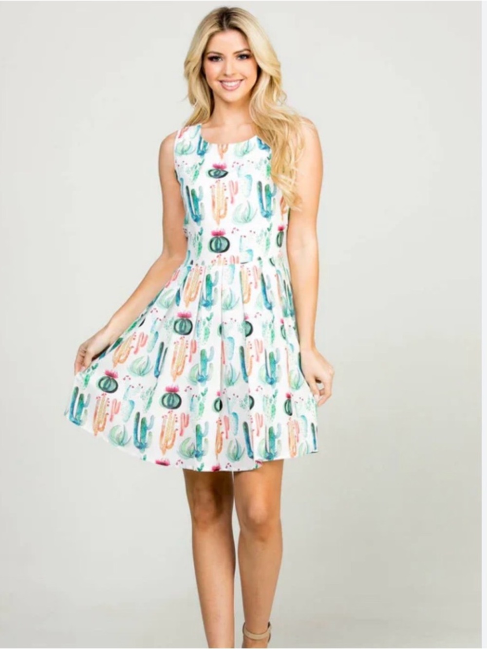 LA Soul Women’s White Cactus Print Sleeveless Fit-and-Flare Mini Dress M